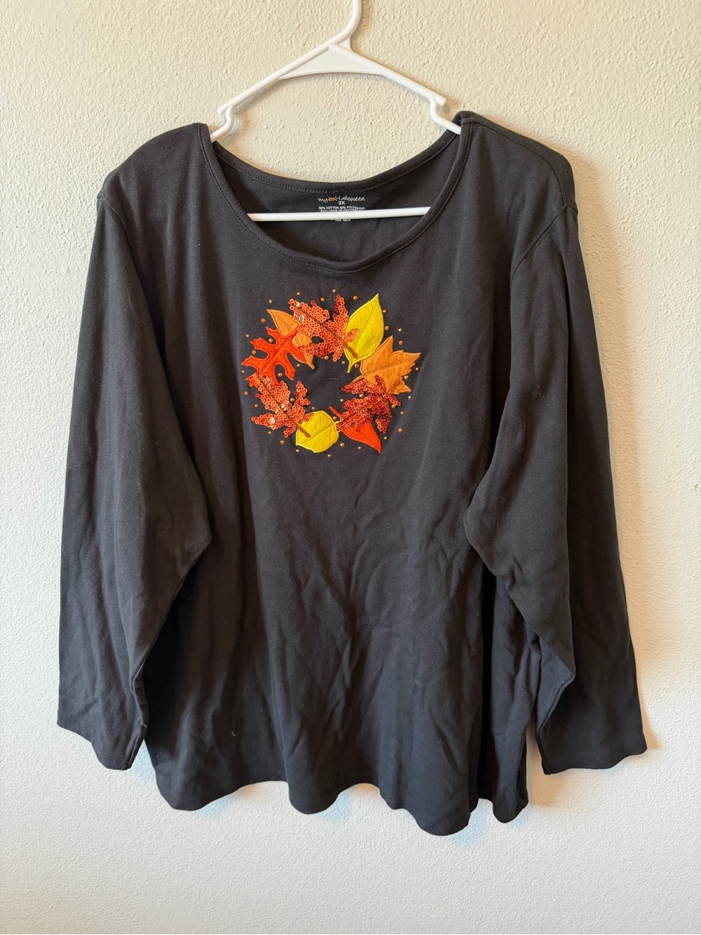 Vintage Autumn Beaded Embroidered Leaves Long Sleeve Top 2X Plus Size Holiday